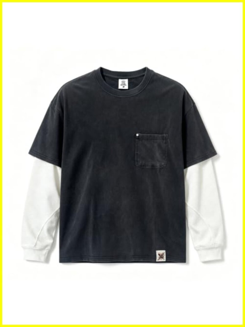 Washed Cotton Faux 2-Piece Long Sleeve Tee with Pocket, Oversized Crew Neck